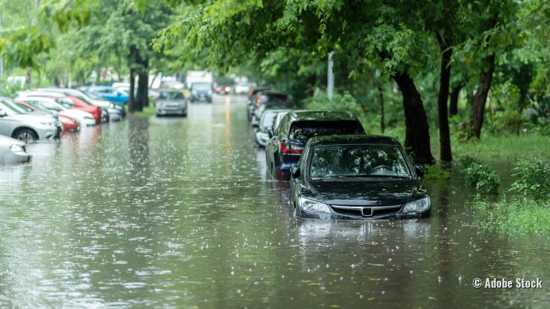 Überflutete Straße mit Autos